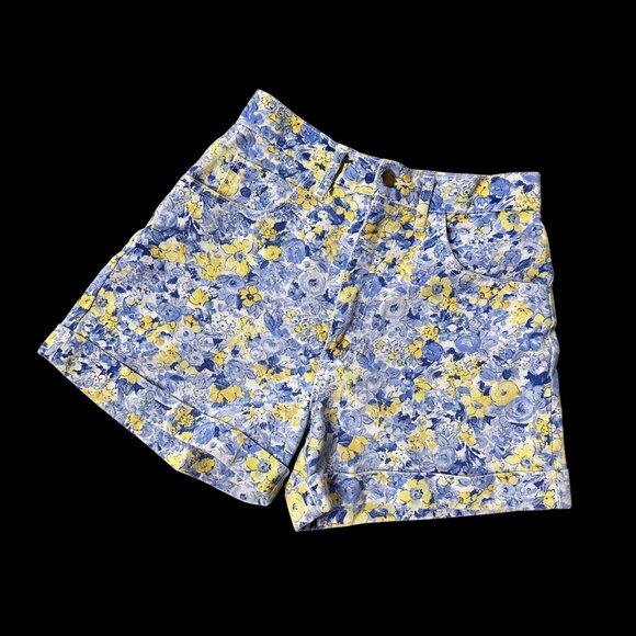 Paris Blues Pants - Vintage Shorts Paris Blues Y2K Floral High Waisted Denim Size 5 Blue Yellow